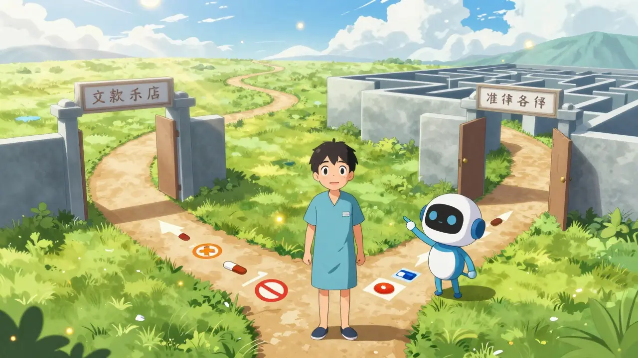 Anime character navigating paths representing drug access and regulations