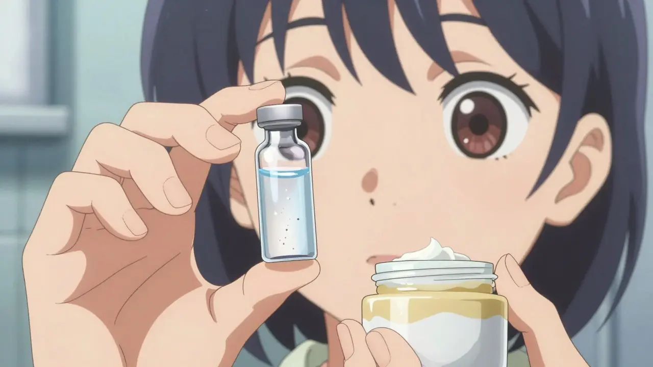 Anime hands holding cloudy eye drops and separated cream jar near a light source
