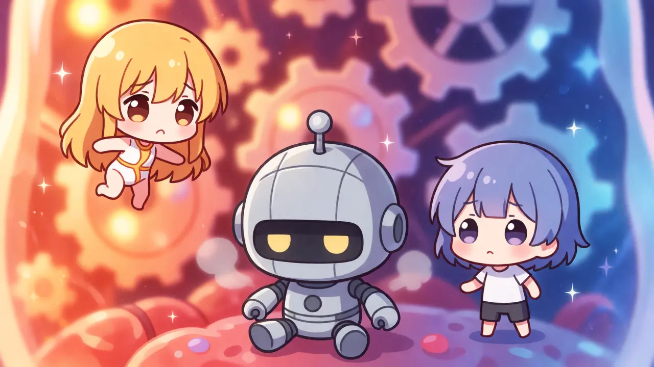 Chibi hormone characters fighting metabolic slowdown inside a body