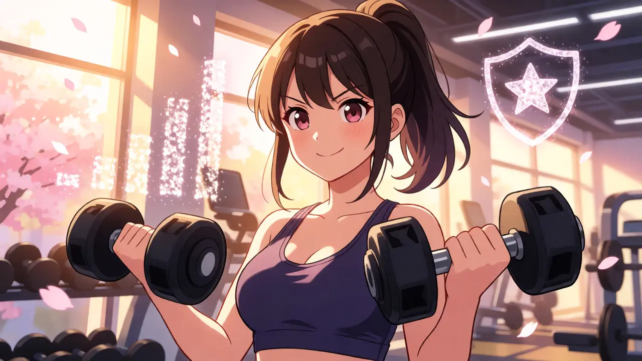 Confident anime woman lifting weights in a sunny gym