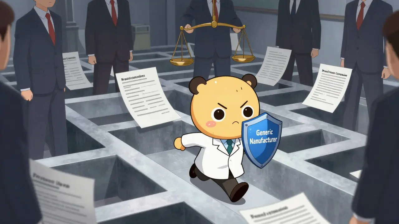 Cute anime character running through a maze of legal symbols in moe style
