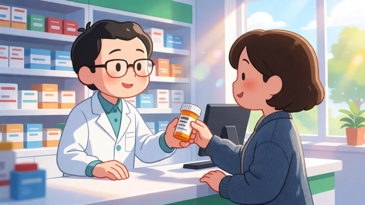 Cute anime pharmacist handing prescription bottle to customer in bright shop