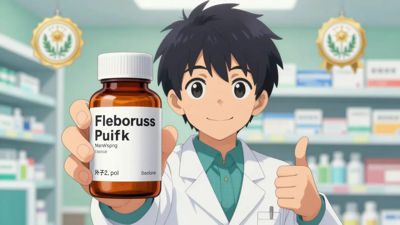 Friendly anime pharmacist showing a clearly labeled medication bottle