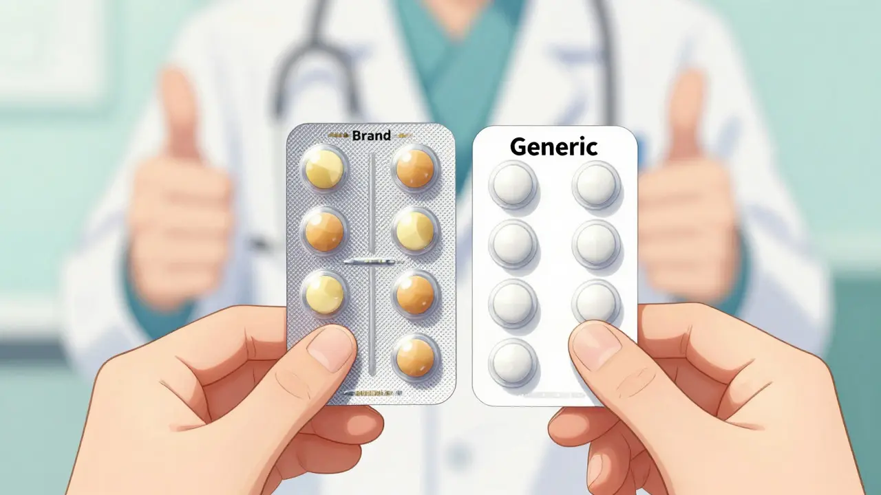 Hands comparing brand and generic pill packs in moe anime style