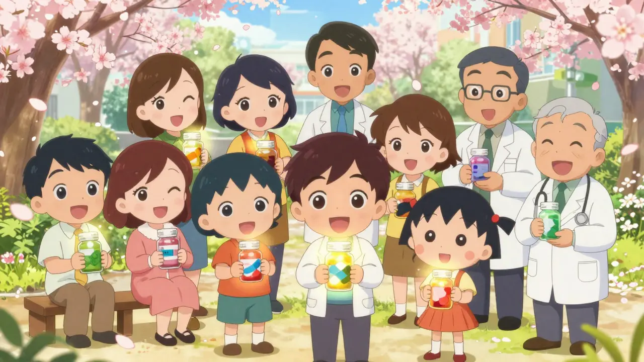 Happy anime characters celebrating affordable medicine availability in a park