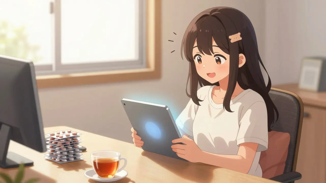Happy anime girl at home with generic pills and tablet device