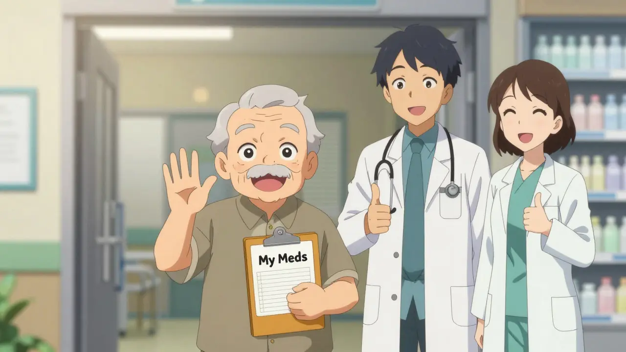 Happy anime patient receiving discharge medication guide
