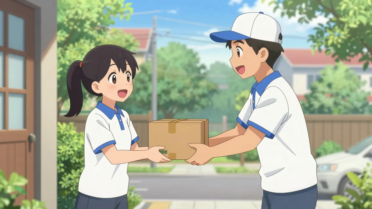 Happy anime woman receiving a medicine package from a delivery person