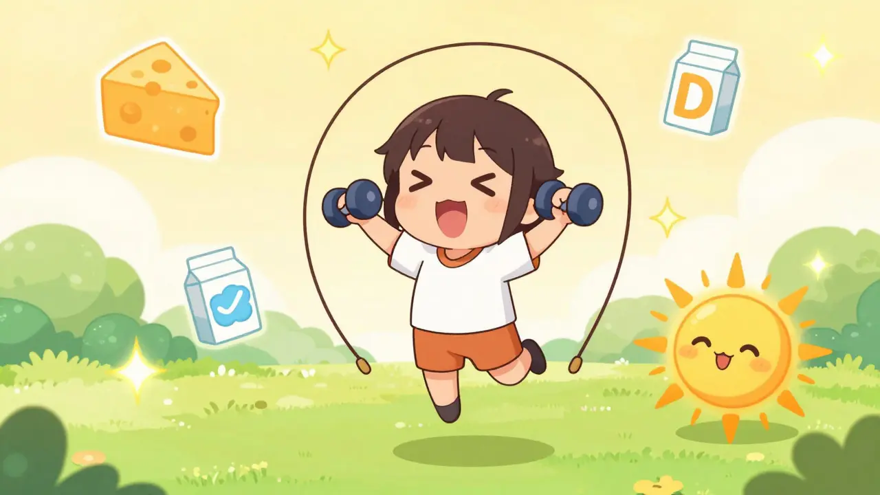 Kawaii character exercising with floating calcium and vitamin d icons in a bright scene.