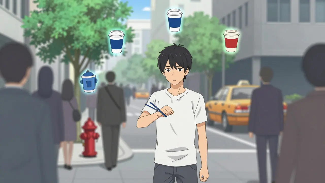 Moe anime boy using grounding techniques on a busy street