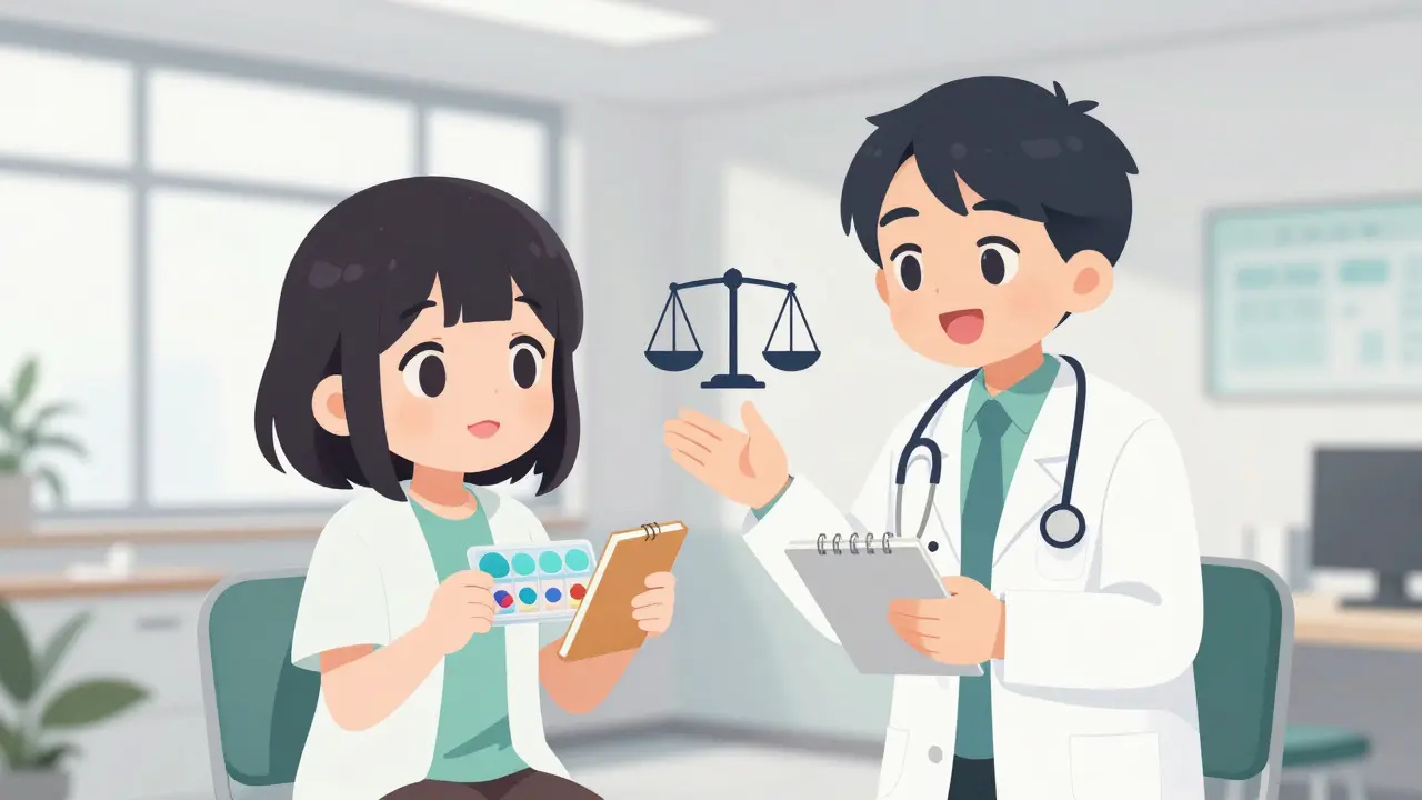 Moe anime patient discussing medication plan with a doctor