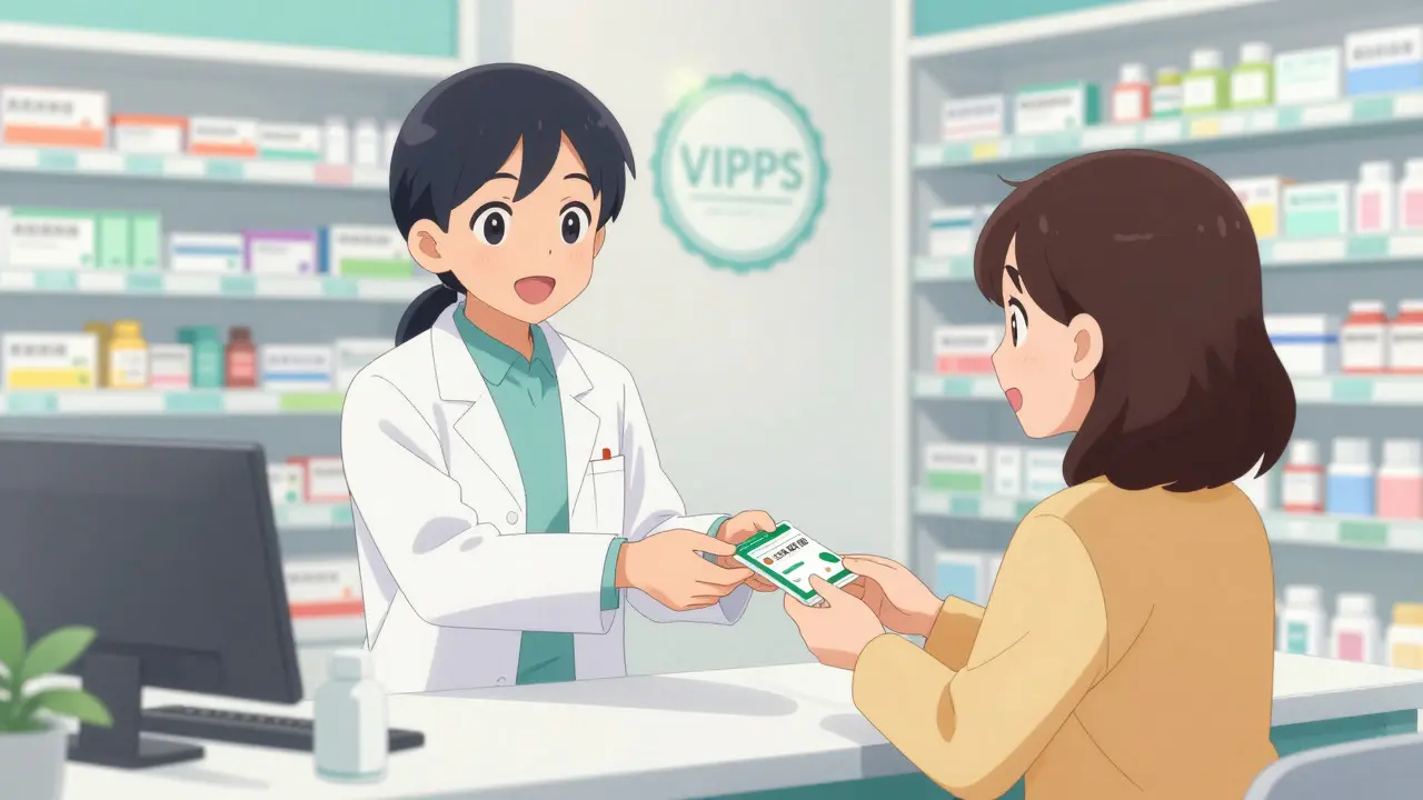 Moe anime pharmacist handing a medication package to a happy customer