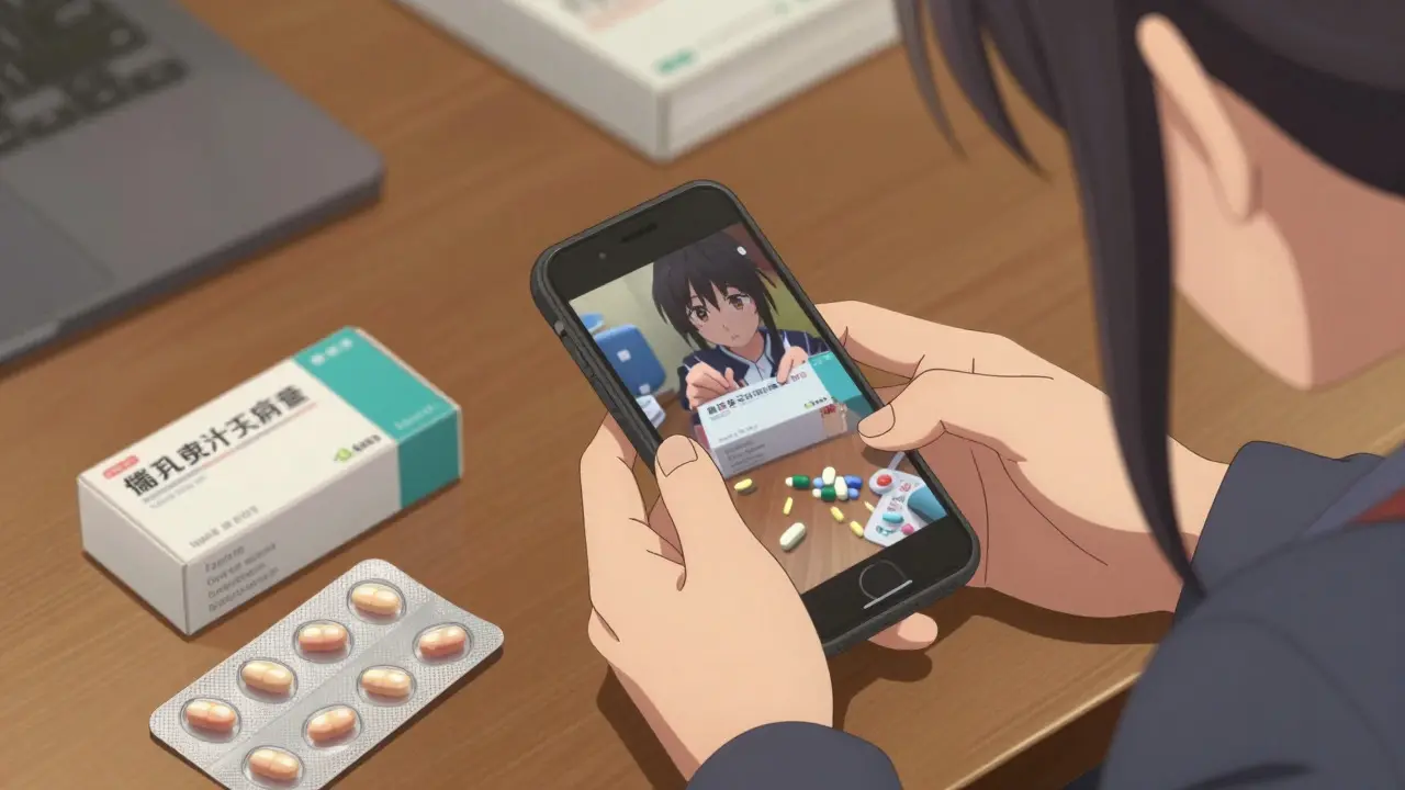 Moe style character photographing medicine evidence on a desk