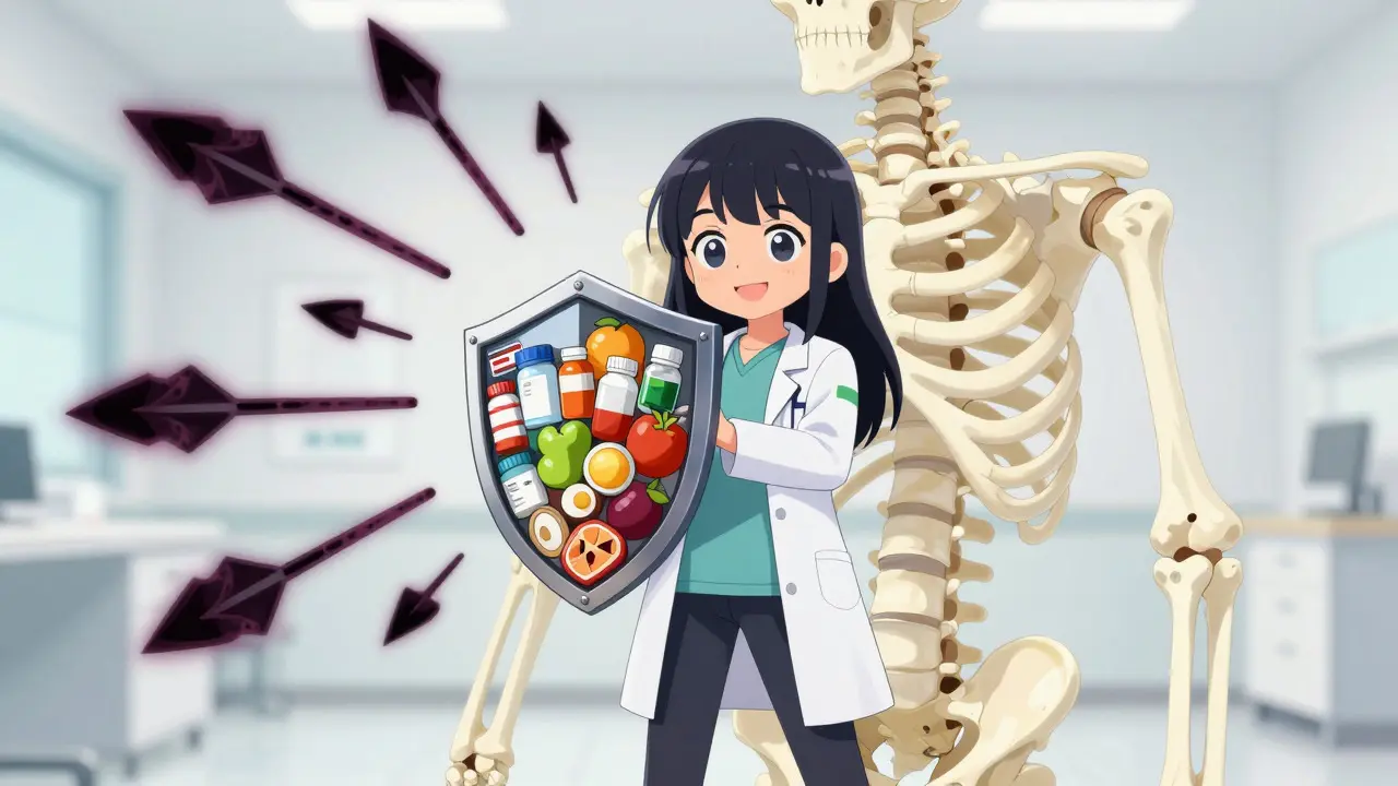 Moe style character shielding a spine skeleton with a barrier of medicine and food.