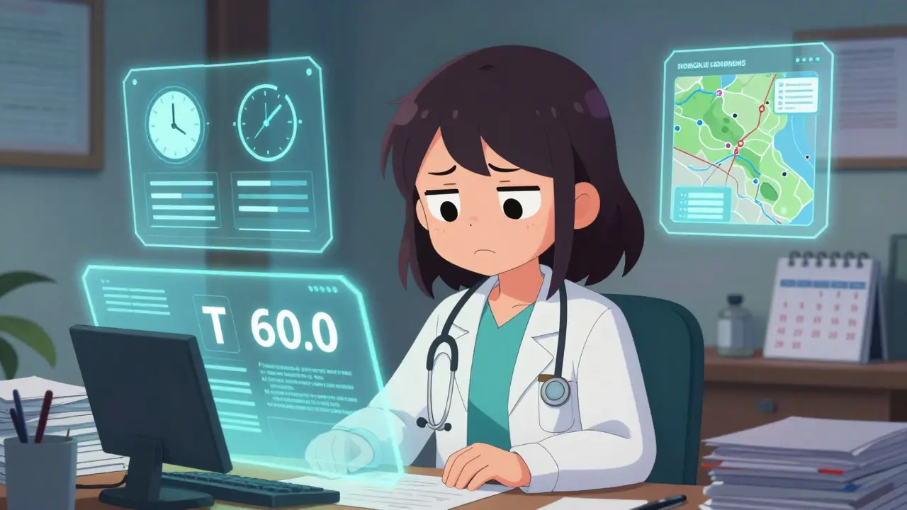Moe style doctor looking stressed at holographic regulatory data screens