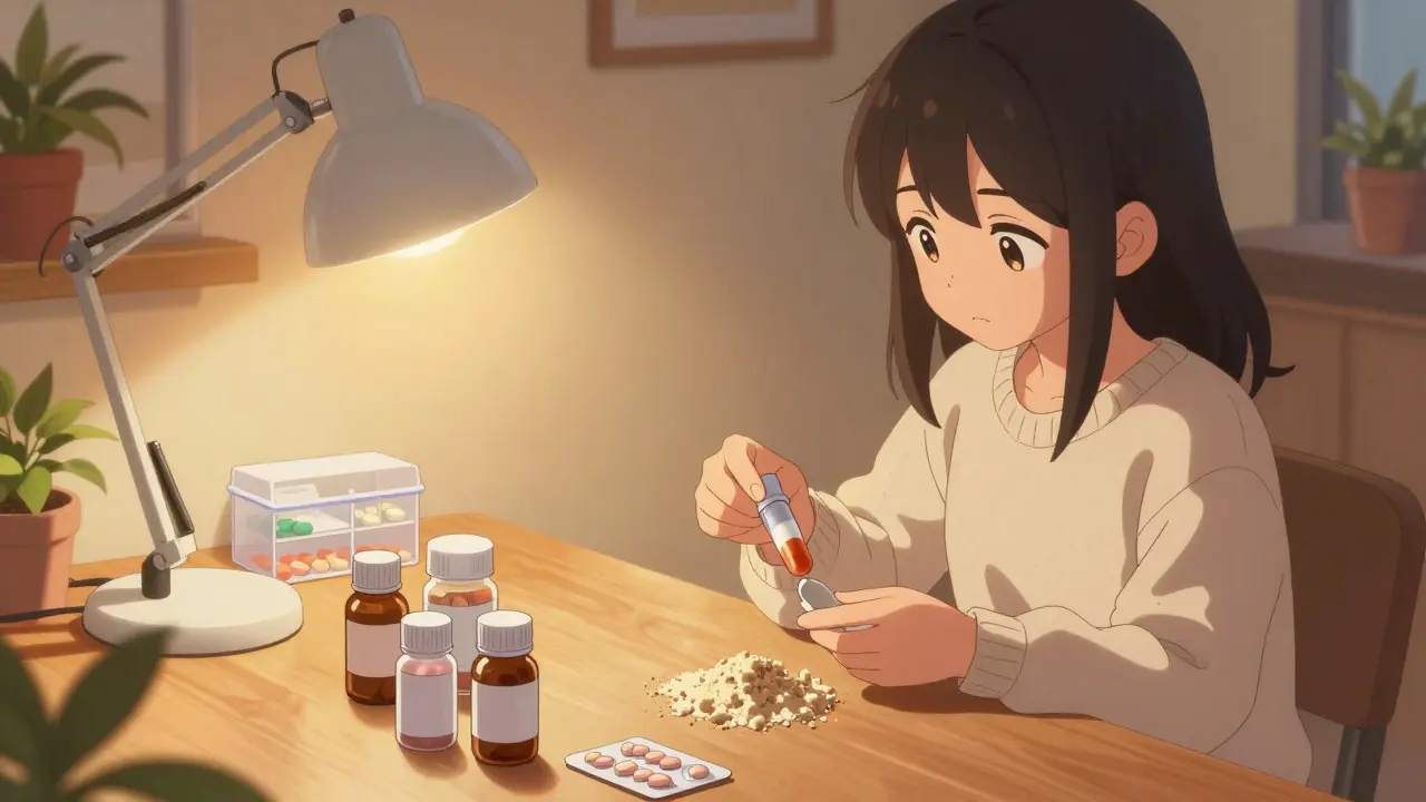 Moe style girl checking clumpy capsule powder on a table under a white lamp