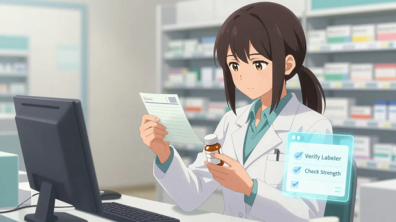 Moe style pharmacist verifying medication details carefully