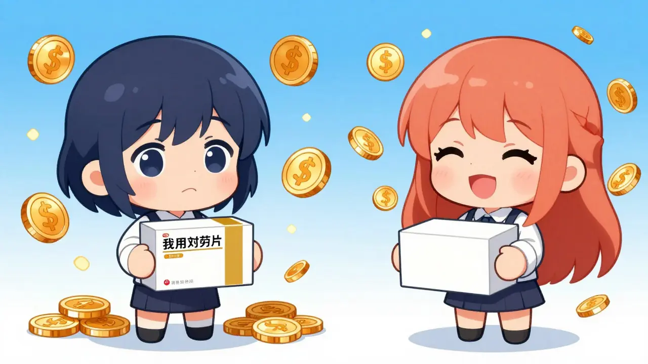 Split screen anime characters comparing high-cost brand vs low-cost generic meds