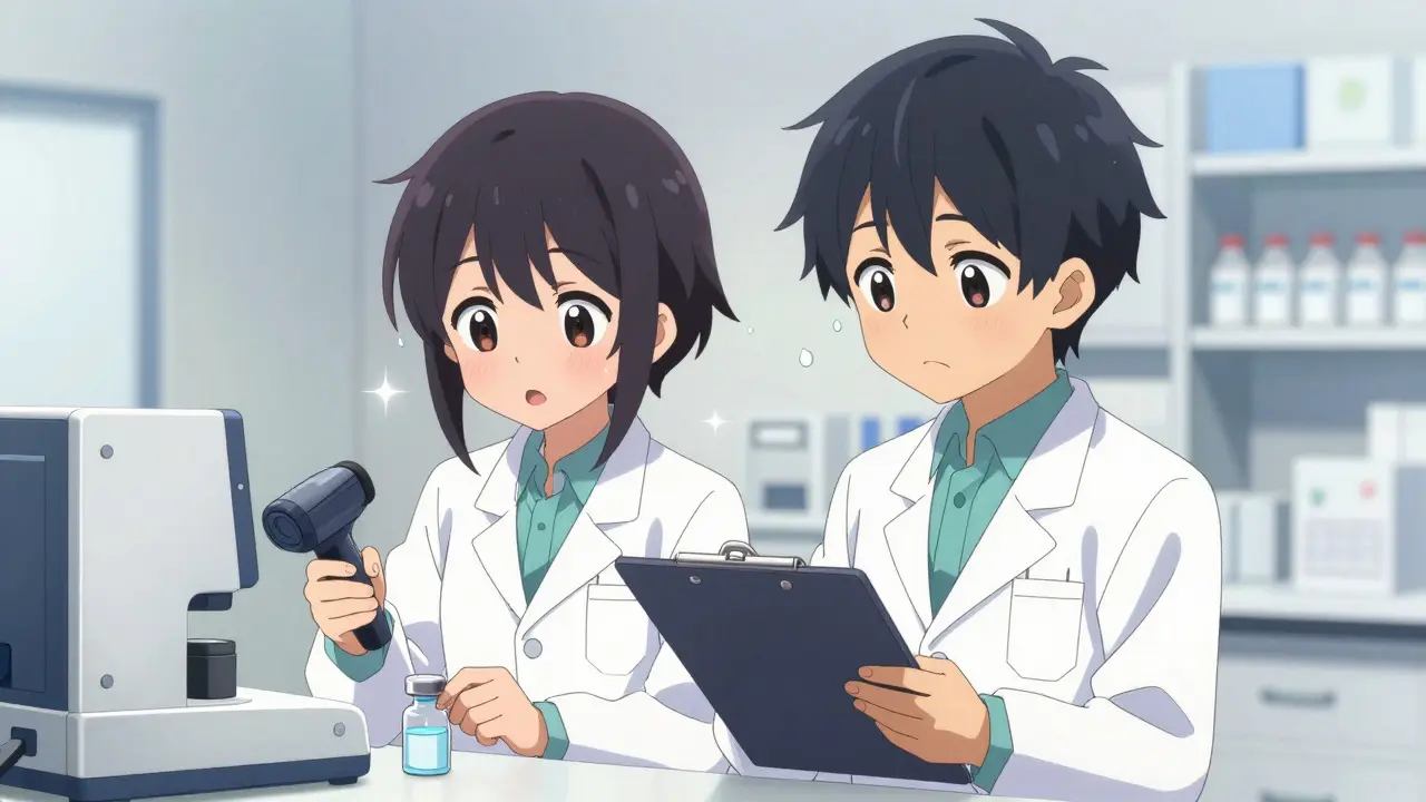 Two moe pharmacists verifying ingredients with scanners and clipboards