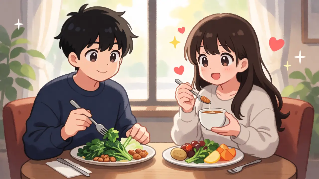 Anime couple eating keto and Atkins meals at a cafe, illustrating sustainable low-carb lifestyles.