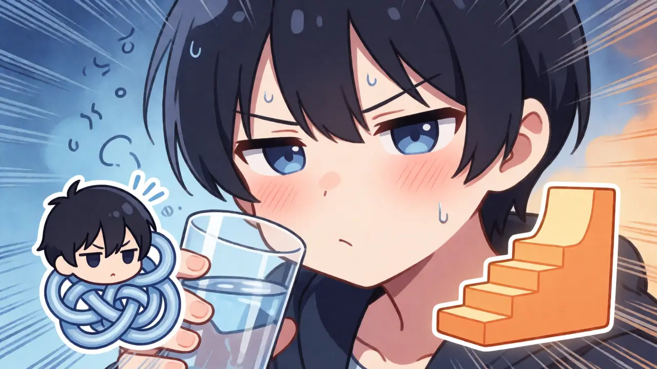 Tired anime character managing keto flu symptoms next to icons showing diet complexity vs simplicity.